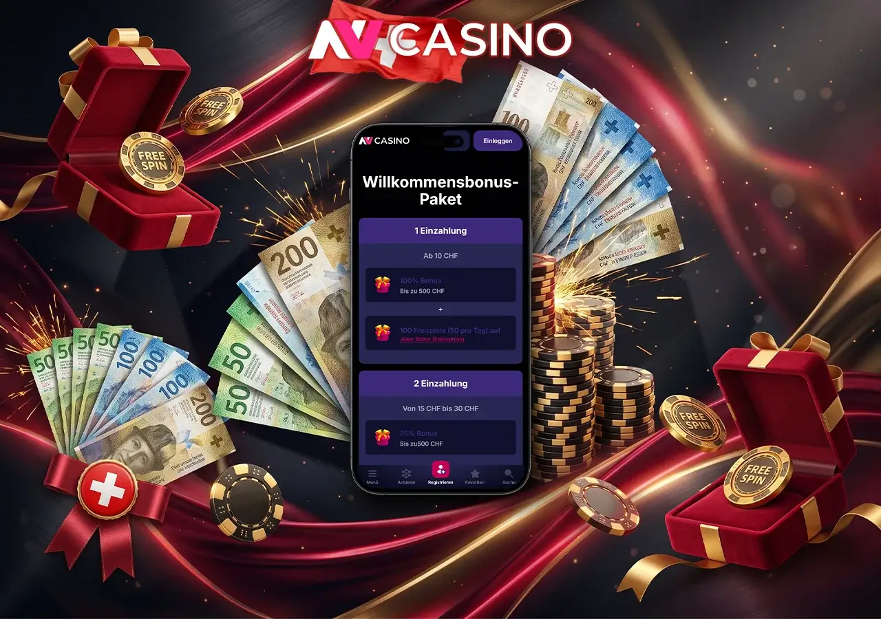 Das exklusive NV Casino Willkommenspaket liefert Extraguthaben und Freispiele in Schweizer Franken.
